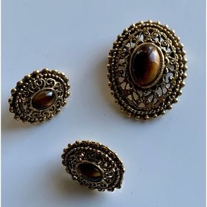 Vintage Signed PERI Tiger's Eye Set Brooch (or Pendant) & Clip Earrings